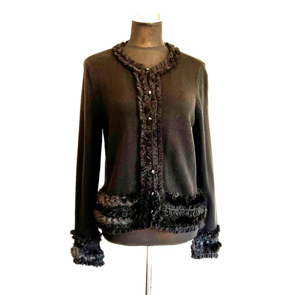 NWT CHICO'S Fancy Black Faux Fur Trim Sweater Cardigan Sz2 - Picture 2 of 8